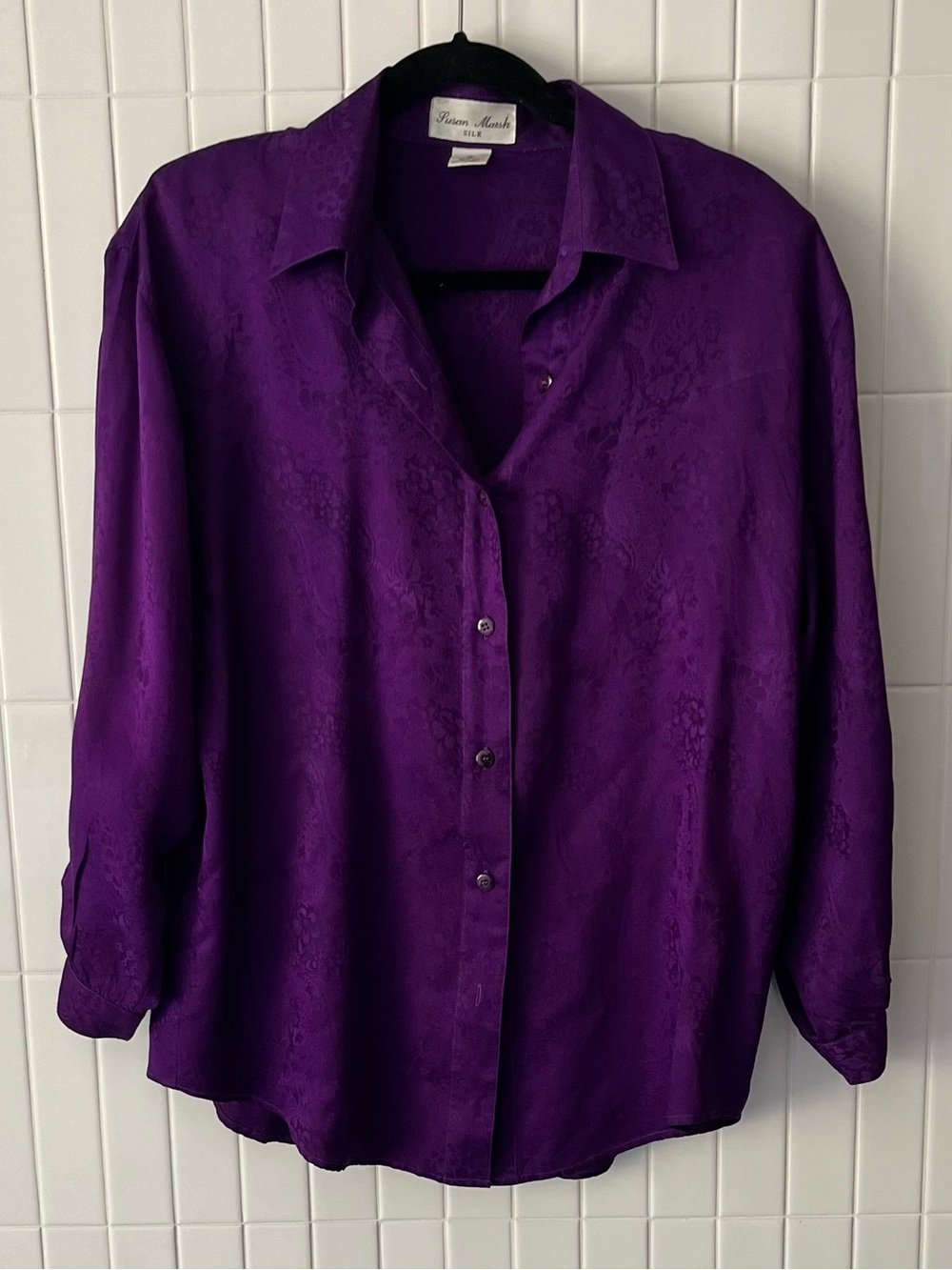 Vintage Silk Jacquard Blouse Deep Purple Paisley Floral Tonal Button Up Shirt